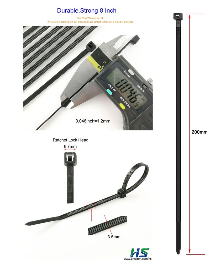 HS Durable Plastic Zip Ties 8 Inch (Bulk-1000 Pack) UV Rated Black Cable Ties 40 Lbs Self-Locking Wire Ties Width 1/8 Inch,Outdoor Purpose - Image 2